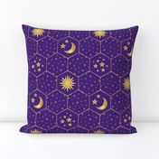 Golden Moon Stars Sun hexagons mosaic purple