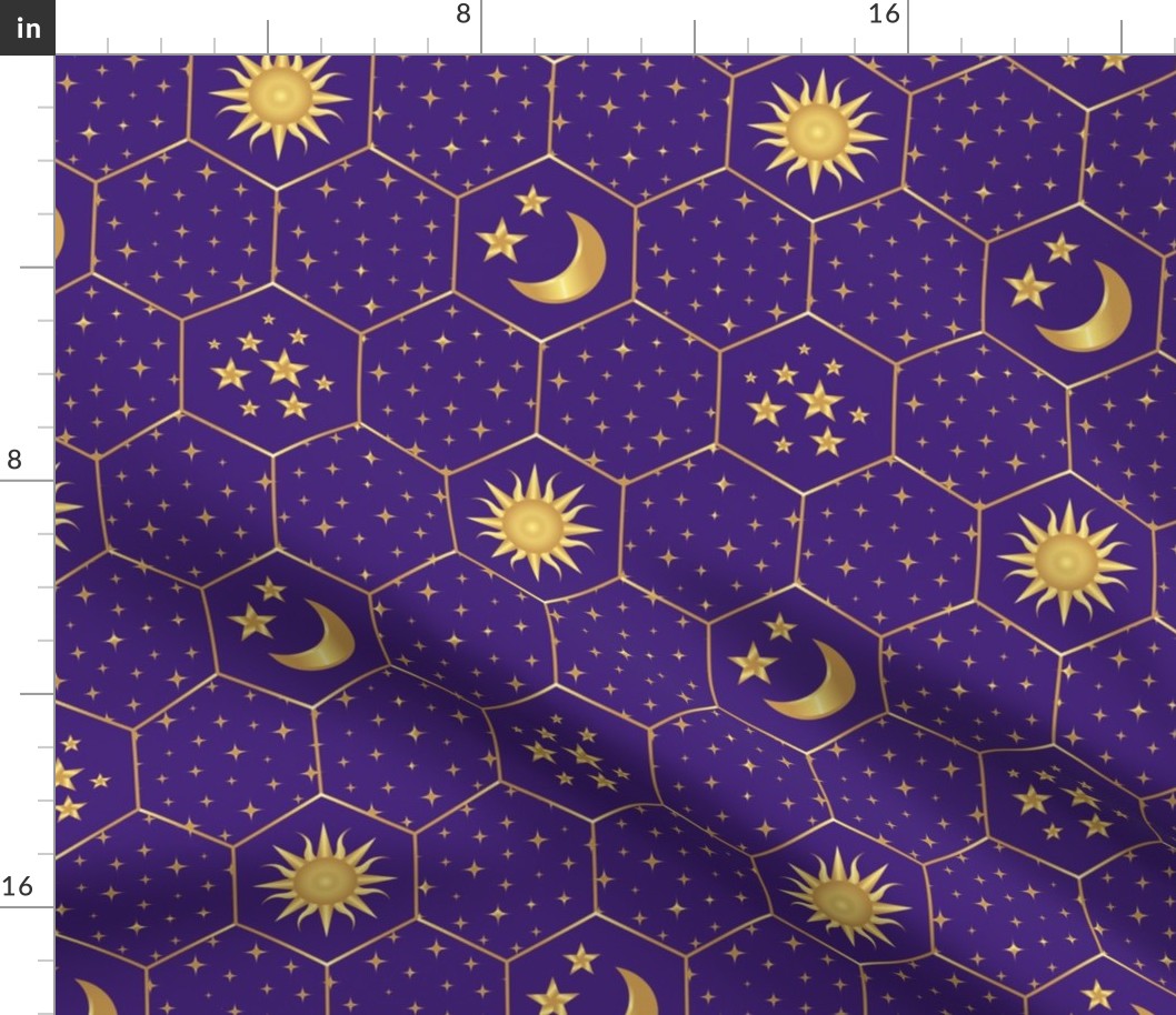 Golden Moon Stars Sun hexagons mosaic purple