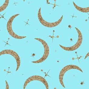 Gold Glitter Crescent Moon + Stars in Mint Aqua