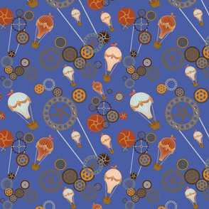 Steampunk gears in blue periwinkle and Hot air balloons 