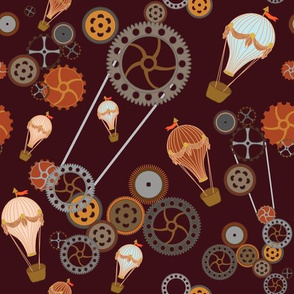 Steampunk gears in maroon and Hot air balloons