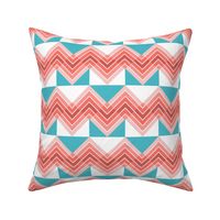 Counterchanged Coral Chevrons on Turquoise and White Checkerboard