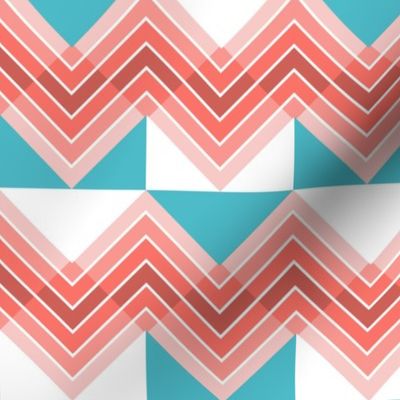 Counterchanged Coral Chevrons on Turquoise and White Checkerboard