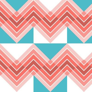 Counterchanged Coral Chevrons on Turquoise and White Checkerboard