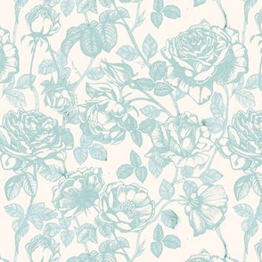 Aqua roses Toile de Jouy