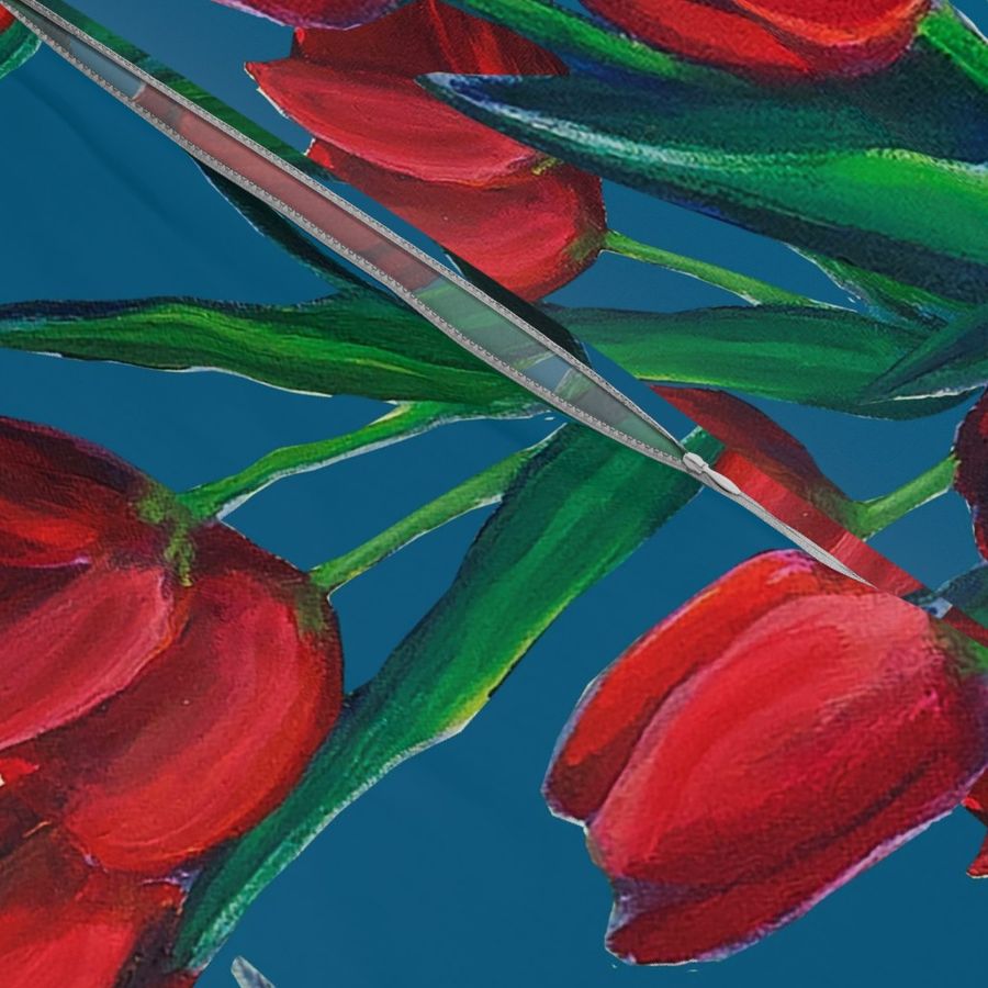 Red Tulips - Blue Background