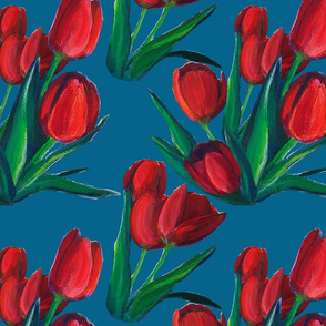 Red Tulips - Blue Background