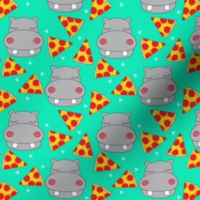 tiny hippos-with-pizza on-bright-green-no-swirls