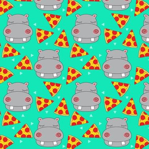 tiny hippos-with-pizza on-bright-green-no-swirls