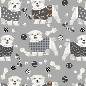 maltese dog pajamas fabric - cute dogs in pjs fabric, dog fabric, dog toys fabric, pet dog, dog breeds, dog design- grey