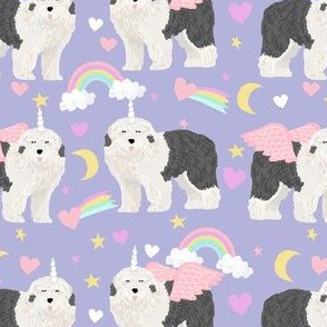 old english sheepdog unicorn pattern fabric - cute pastel unicorn fabric, dog unicorn fabric, dog unicorn pattern, unicorn fabric - pastels -  purple