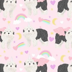 old english sheepdog unicorn pattern fabric - cute pastel unicorn fabric, dog unicorn fabric, dog unicorn pattern, unicorn fabric - pastels -  pink