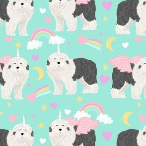 old english sheepdog unicorn pattern fabric - cute pastel unicorn fabric, dog unicorn fabric, dog unicorn pattern, unicorn fabric - pastels - mint