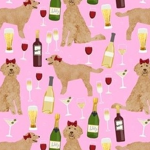 apricot golden doodle wine fabric - golden doodle dog fabric, wine fabric, dog pattern, dog breed fabric, dogs, golden doodle pattern - pink