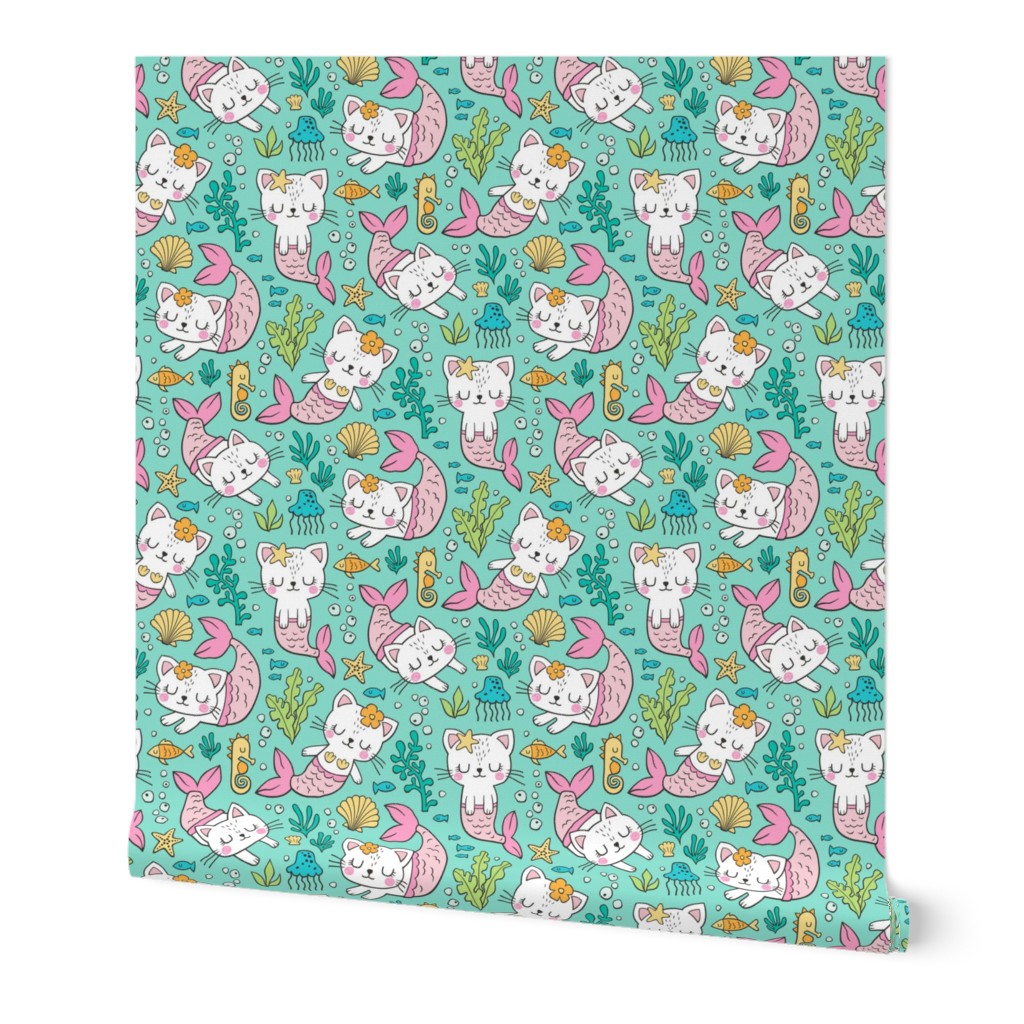 Purrmaids Cats Mermaids  Sea Doodle on Mint Green