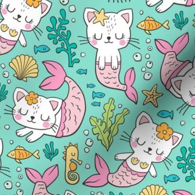 Purrmaids Cats Mermaids  Sea Doodle on Mint Green