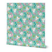 Purrmaids Cats Mermaids  Sea Doodle on Mint Green