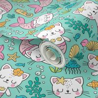 Purrmaids Cats Mermaids  Sea Doodle on Mint Green