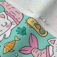 Purrmaids Cats Mermaids  Sea Doodle on Mint Green