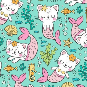 Purrmaids Cats Mermaids  Sea Doodle on Mint Green