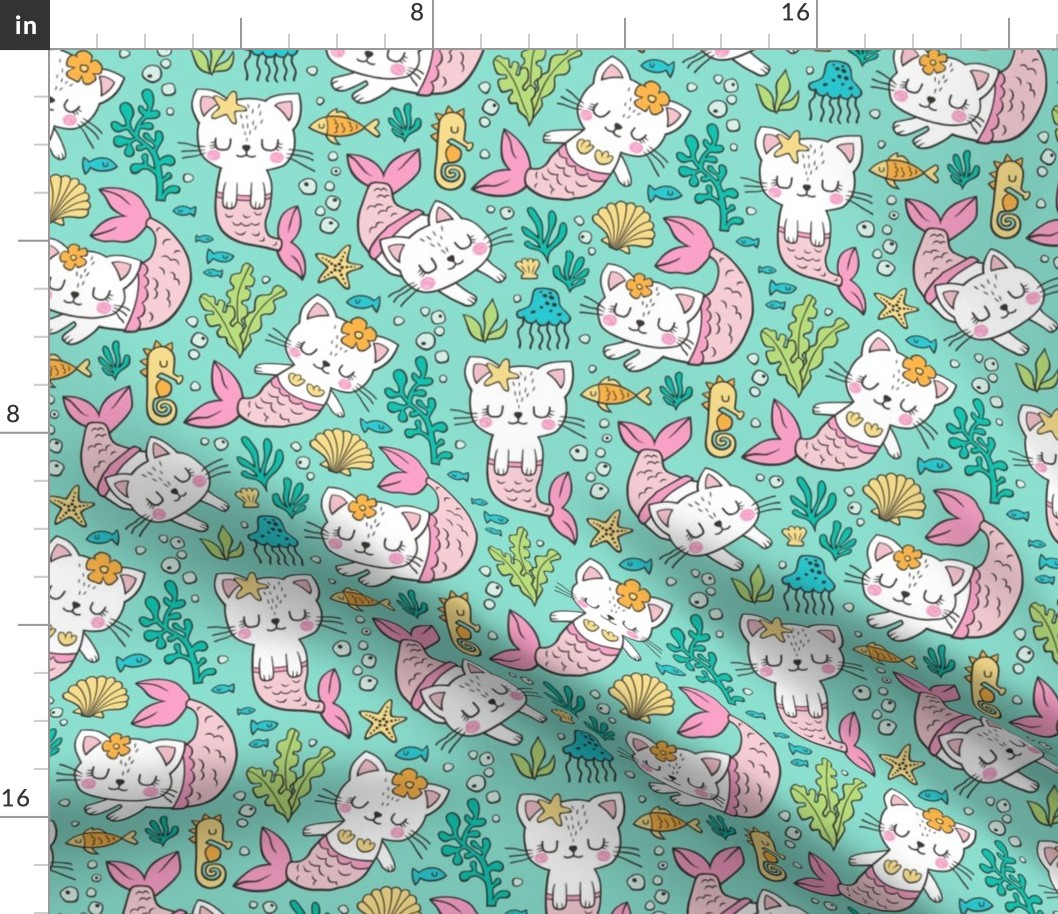 Purrmaids Cats Mermaids  Sea Doodle on Mint Green