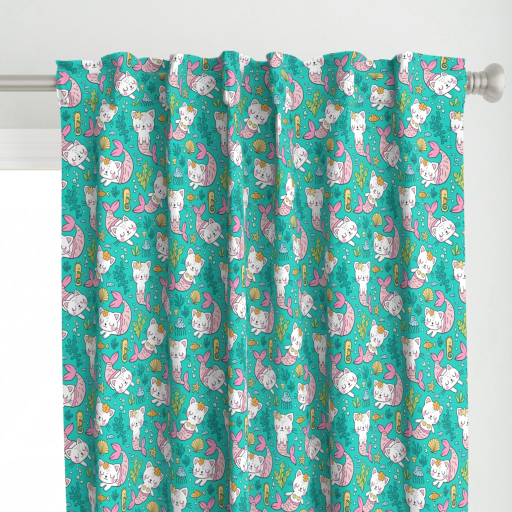 Purrmaids Cats Mermaids  Sea Doodle on Teal  Green