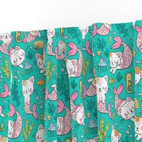 Purrmaids Cats Mermaids  Sea Doodle on Teal  Green