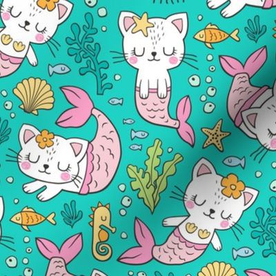 Purrmaids Cats Mermaids  Sea Doodle on Teal  Green