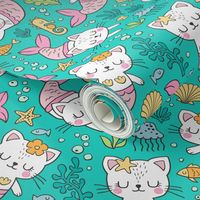 Purrmaids Cats Mermaids  Sea Doodle on Teal  Green