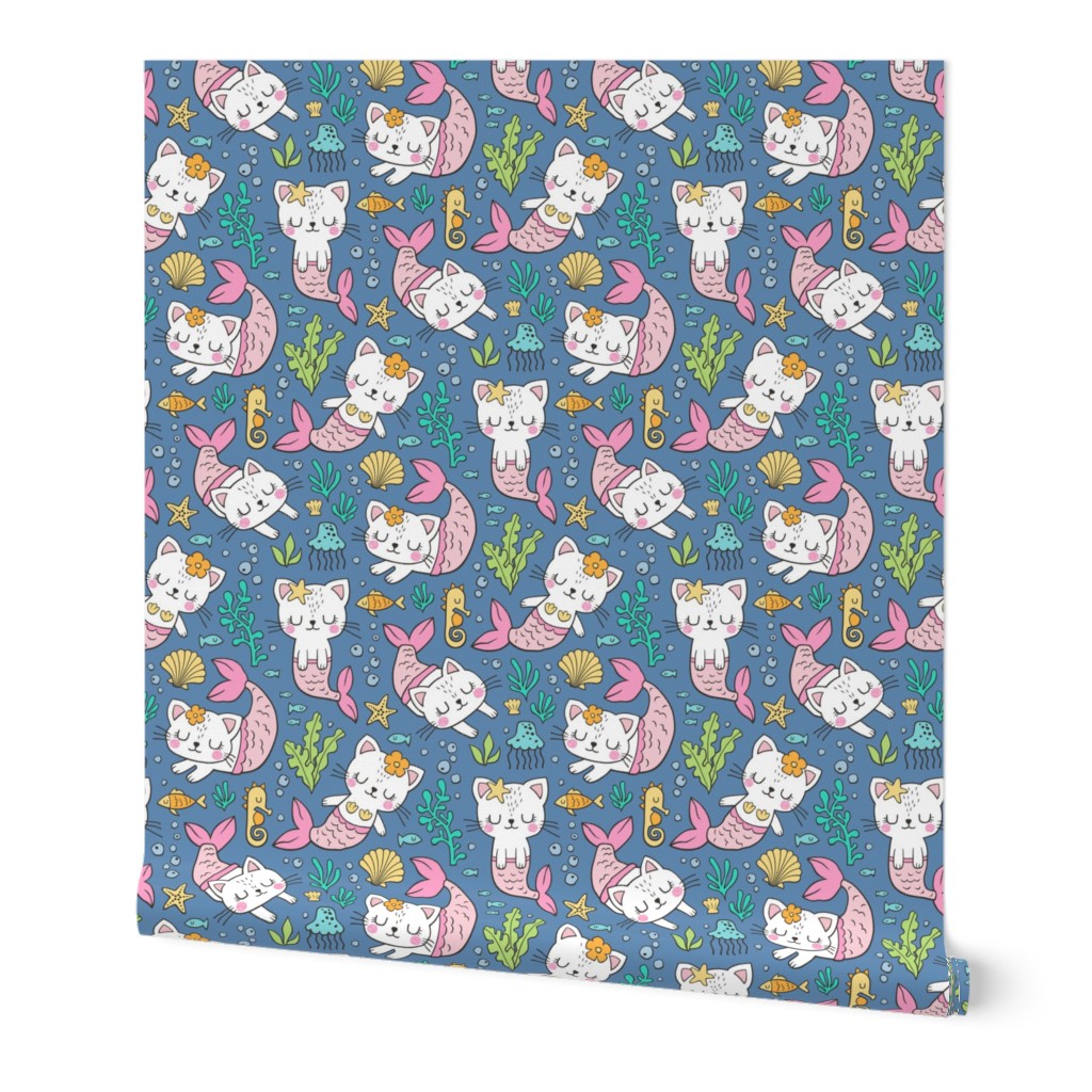 Purrmaids Cats Mermaids  Sea Doodle on Dark Blue Navy