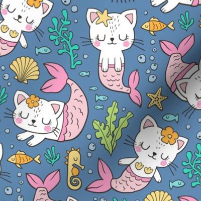 Purrmaids Cats Mermaids  Sea Doodle on Dark Blue Navy