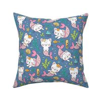 Purrmaids Cats Mermaids  Sea Doodle on Dark Blue Navy