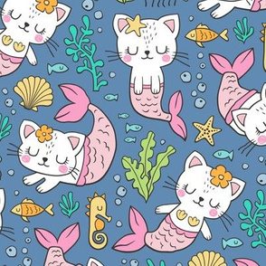 Purrmaids Cats Mermaids  Sea Doodle on Dark Blue Navy