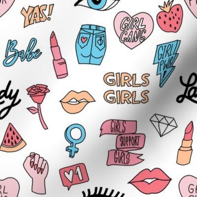 girl gang fabric - cute patches, stickers, girls, girl power, baby, lady, girls, girl fabric, cute design - peach