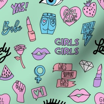 girl gang fabric - cute patches, stickers, girls, girl power, baby, lady, girls, girl fabric, cute design - mint
