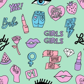 girl gang fabric - cute patches, stickers, girls, girl power, baby, lady, girls, girl fabric, cute design - mint