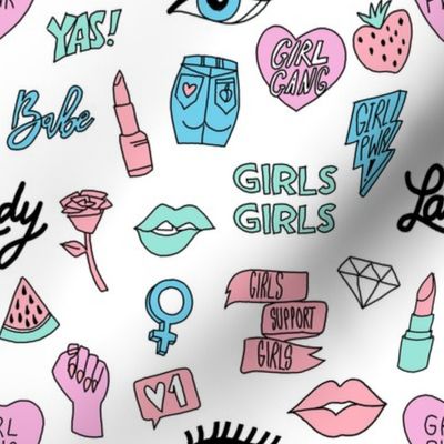 girl gang fabric - cute patches, stickers, girls, girl power, baby, lady, girls, girl fabric, cute design - pastel