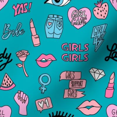 girl gang fabric - cute patches, stickers, girls, girl power, baby, lady, girls, girl fabric, cute design - teal