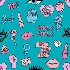 girl gang fabric - cute patches, stickers, girls, girl power, baby, lady, girls, girl fabric, cute design - teal