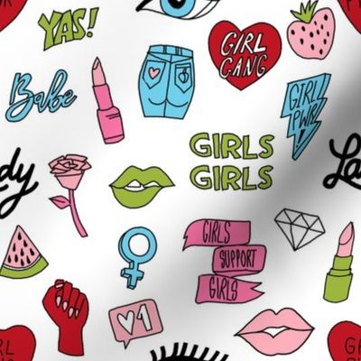 girl gang fabric - cute patches, stickers, girls, girl power, baby, lady, girls, girl fabric, cute design - multi