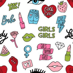 girl gang fabric - cute patches, stickers, girls, girl power, baby, lady, girls, girl fabric, cute design - multi