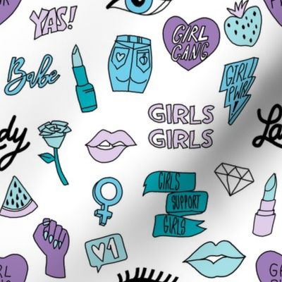girl gang fabric - cute patches, stickers, girls, girl power, baby, lady, girls, girl fabric, cute design - purples