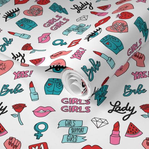 girl gang fabric - cute patches, stickers, girls, girl power, baby, lady,  girls, girl fabric, cute design - multi Fabric byandrea_lauren