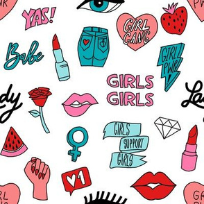 girl gang fabric - cute patches, stickers, girls, girl power, baby, lady, girls, girl fabric, cute design - brights