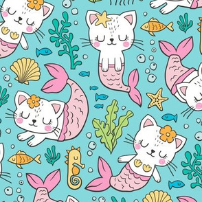Purrmaids Cats Mermaids  Sea Doodle on Blue