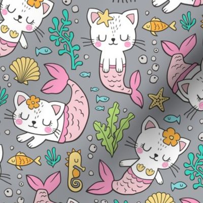 Purrmaids Cats Mermaids  Sea Doodle on Grey