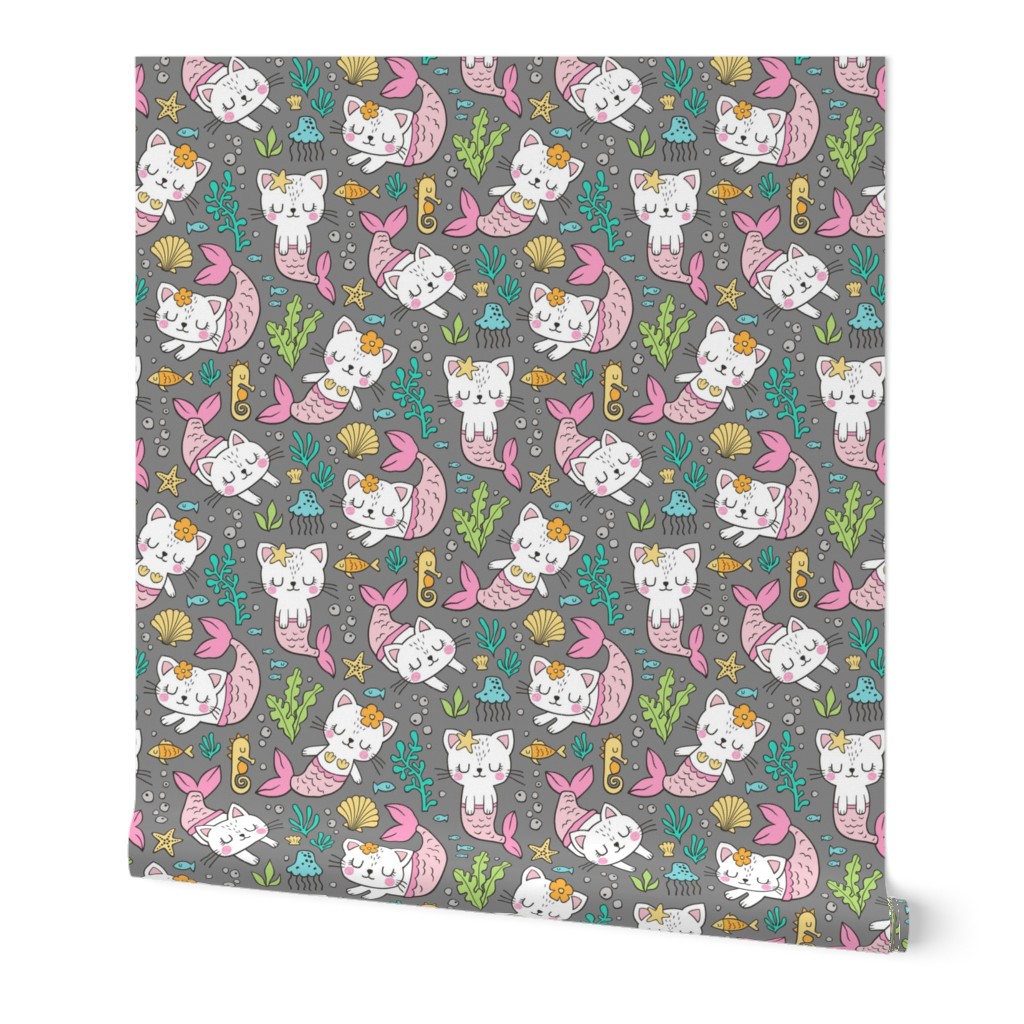 Purrmaids Cats Mermaids  Sea Doodle on Dark Grey