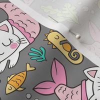 Purrmaids Cats Mermaids  Sea Doodle on Dark Grey