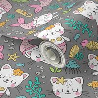 Purrmaids Cats Mermaids  Sea Doodle on Dark Grey