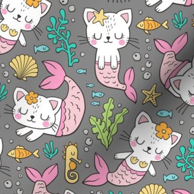 Purrmaids Cats Mermaids  Sea Doodle on Dark Grey